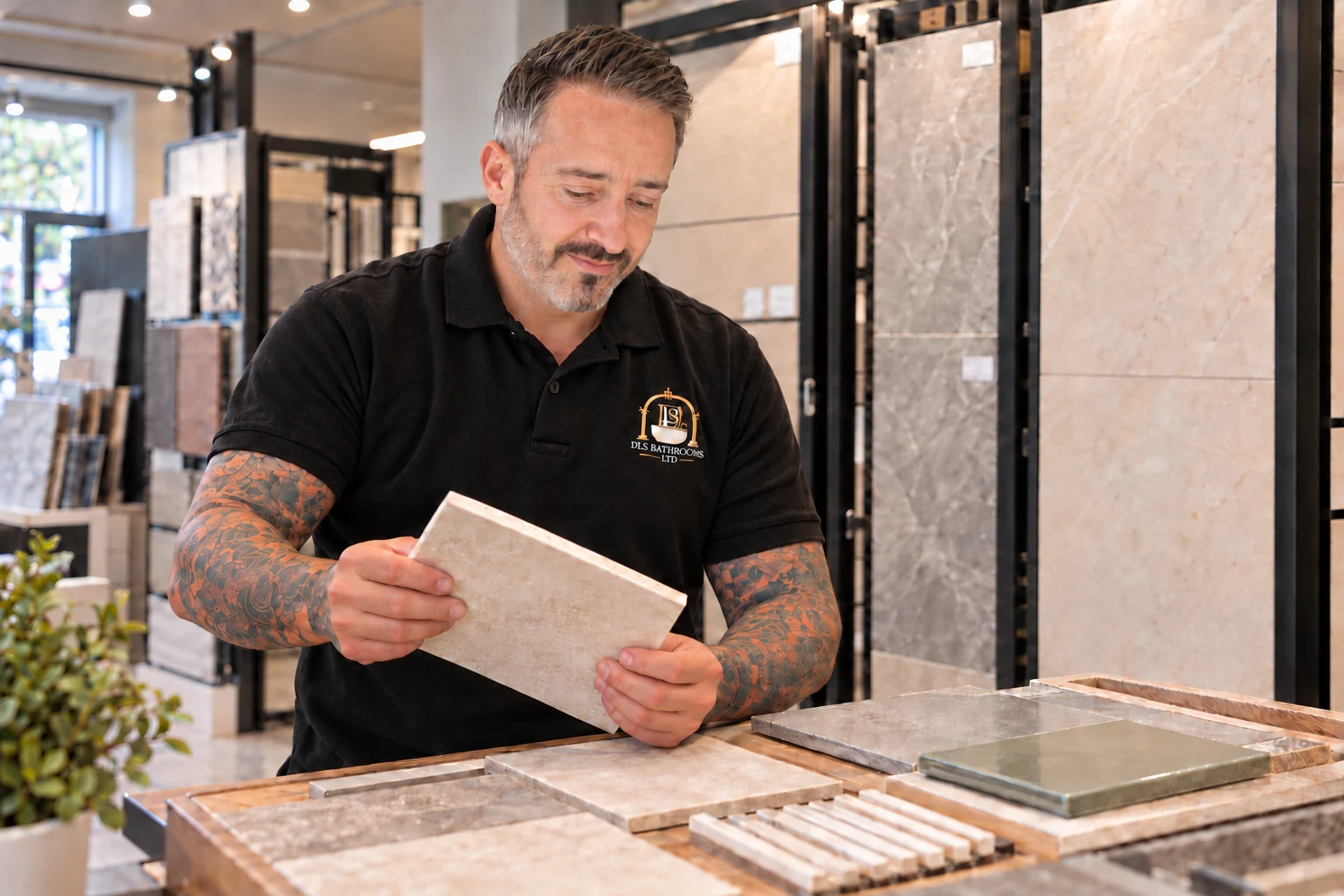 AI illustration of Dave comparing tile samples at a supplier showroom