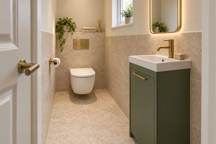 AI bathroom concept: A tiny downstairs cloakroom with a compact green vanity and a tiled cistern ledge.