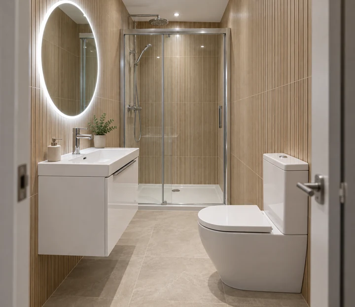 AI bathroom concept: A narrow ensuite with shallow furniture, a rear shower and clean walls.