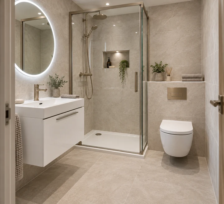 AI bathroom concept: A small ensuite with a half-height service wall and a useful continuous ledge.