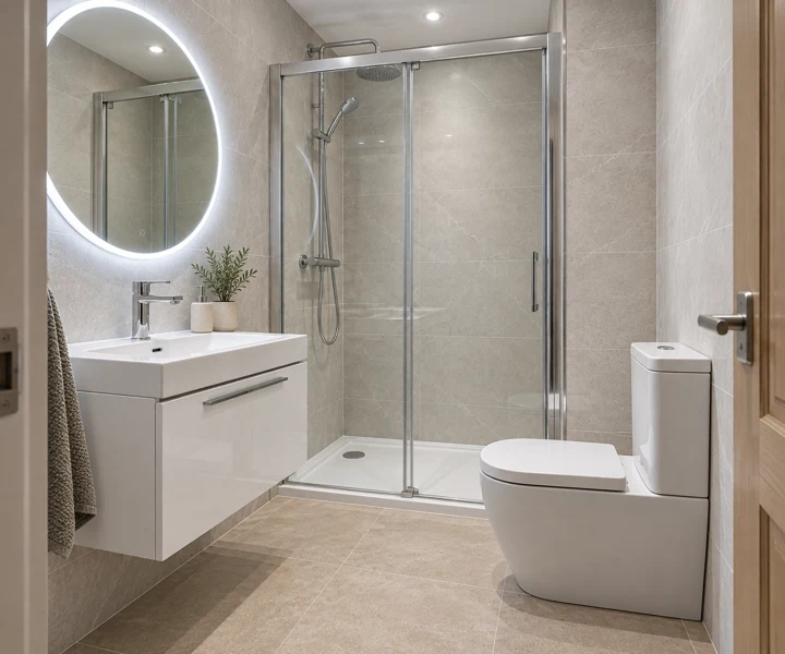 AI bathroom concept: A compact shower room without a full-width built-out wall or ledge.
