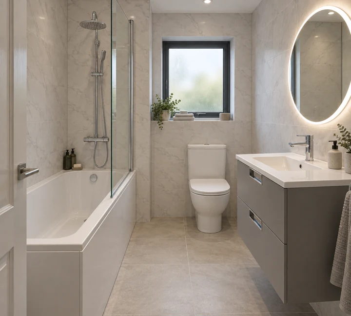 AI bathroom concept: A modest family bathroom with a straight shower-over-bath and compact furniture.