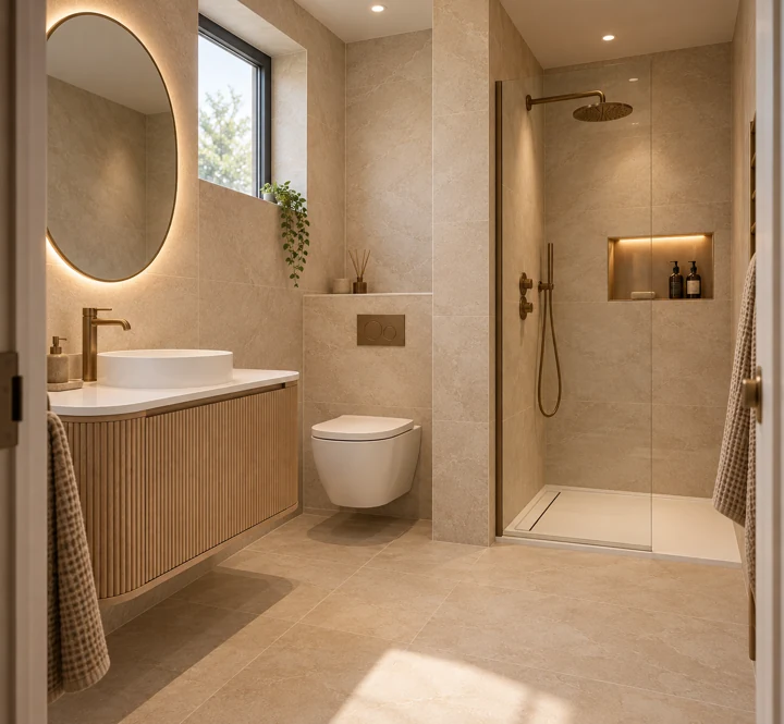 AI bathroom concept: An L-shaped footprint with the shower tucked beside an existing projection.