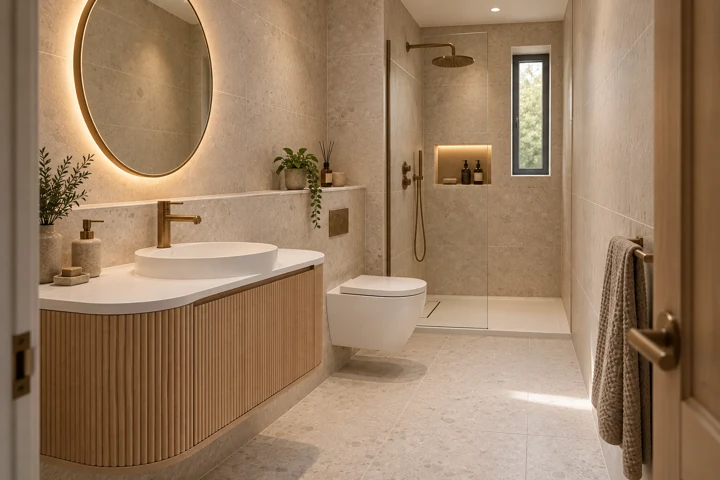 AI bathroom concept: A long narrow room with oak furniture and a slim tiled service ledge.