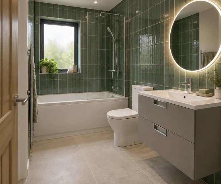 AI bathroom concept: A small family bathroom with a window, green feature tiles and a shower-over-bath.