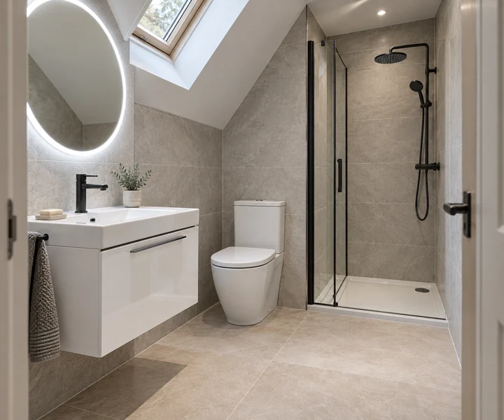 AI bathroom concept: A loft ensuite with a lower ceiling zone and the shower in the taller part.