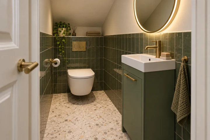 AI bathroom concept: A tiny understairs cloakroom with compact furniture and a half-tiled green palette.