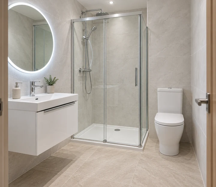 AI bathroom concept: A white shower room with a close-coupled WC and unbroken walls.