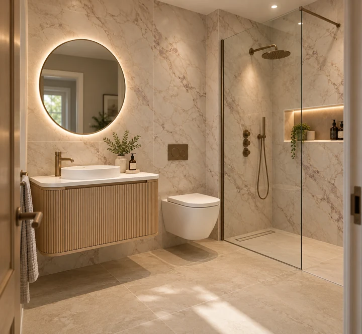 AI bathroom concept: A medium shower room with a full-height service wall and warm marble detail.