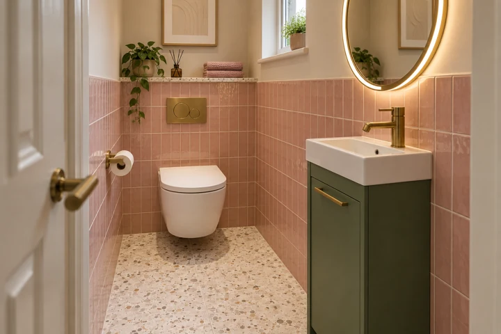 AI bathroom concept: A tiny cloakroom with blush tiles, green furniture and terrazzo.