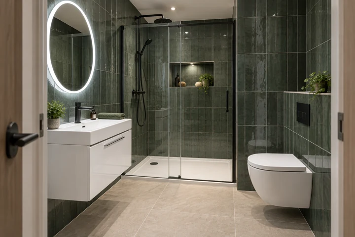 AI bathroom concept: A compact shower room with a recess, deep green feature tile and a clean niche.