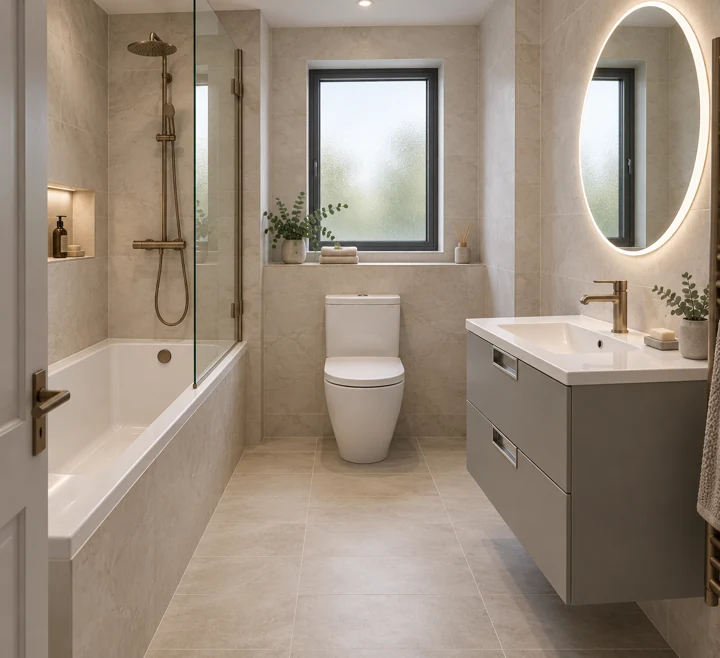 AI bathroom concept: A medium family bathroom with a shower-over-bath and a slim stone ledge.