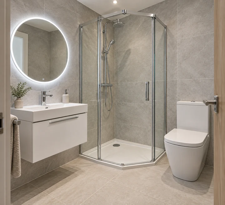 AI bathroom concept: A square ensuite with a corner shower, shallow vanity and simple pale tiles.