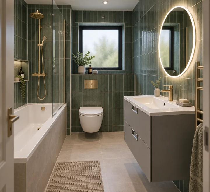 AI bathroom concept: A small family bathroom with a green feature wall and practical shower-over-bath.