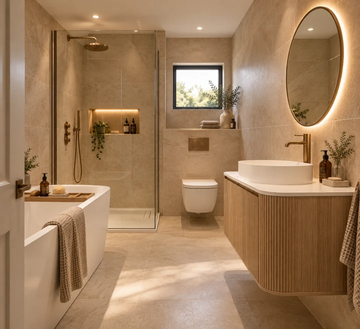 AI bathroom concept: A medium bathroom with a bath, separate shower and warm oak and bronze detail.