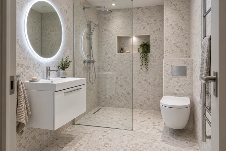 AI bathroom concept: A compact tiled wetroom direction with shallow furniture and pale terrazzo.