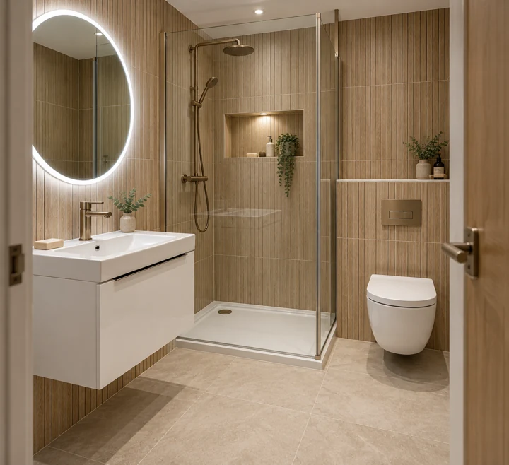 AI bathroom concept: An ensuite direction for an offset entrance, with oak-effect tile and a WC ledge.