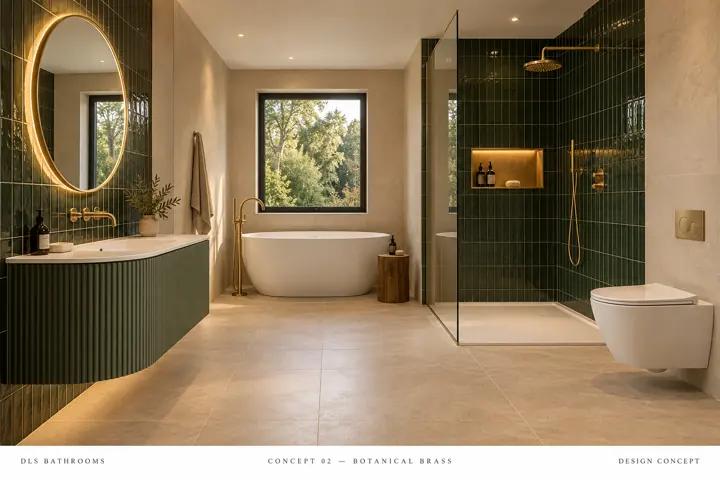 AI bathroom concept: Bottle-green tile, green furniture and brushed brass, with a freestanding bath for a relaxed botanical feel.