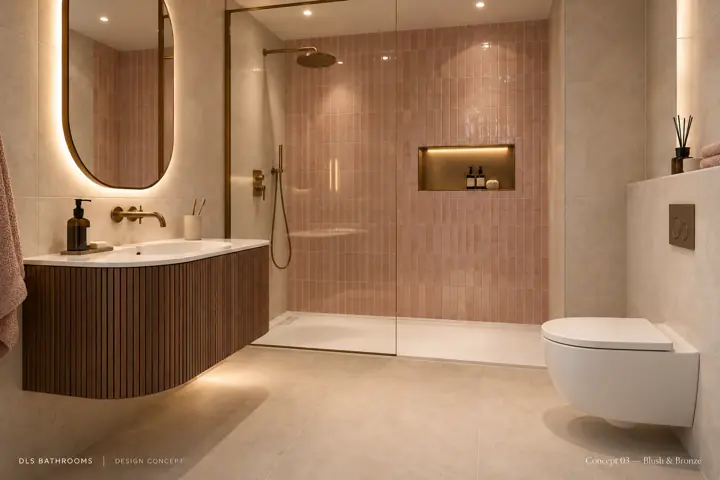 AI bathroom concept: Soft pink tile meets walnut furniture and bronze. A warm, tactile shower room with a gentle glow.