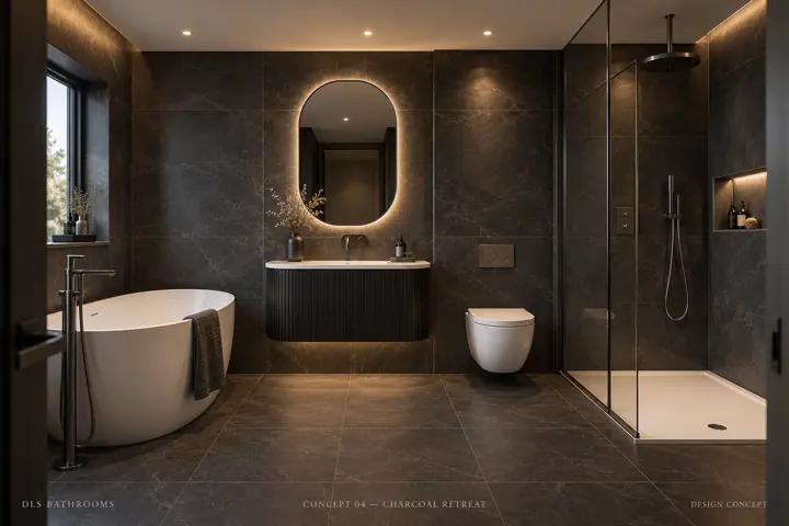 AI bathroom concept: Deep charcoal surfaces and dark furniture, balanced with a sculptural white bath and gunmetal details.