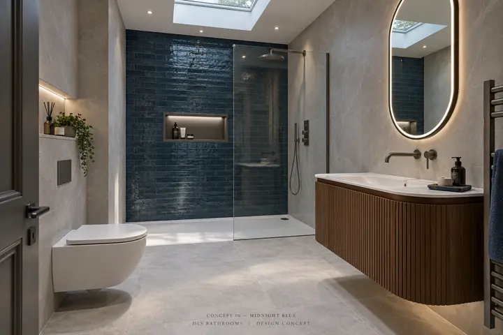 AI bathroom concept: Rich blue tile and walnut furniture, with gunmetal fittings and cooler lighting for a bold evening mood.