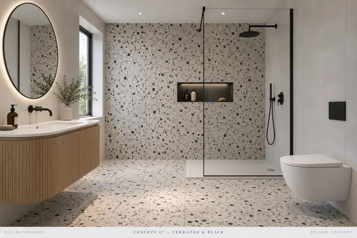 AI bathroom concept: Pale terrazzo, oak and black details: a graphic, practical shower room with plenty of texture.