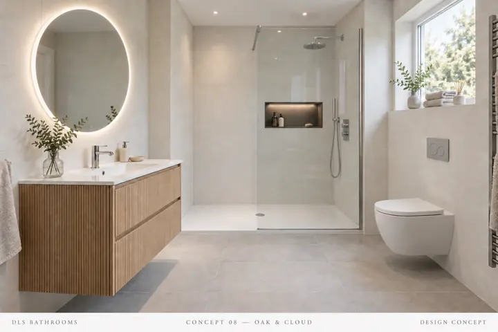 AI bathroom concept: Pale stone, oak drawer storage and polished chrome, with a quietly balanced neutral lighting scheme.