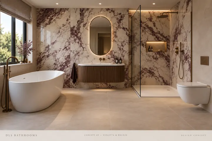 AI bathroom concept: Expressive purple-veined marble-effect tile, walnut and bronze, with a smooth freestanding bath.