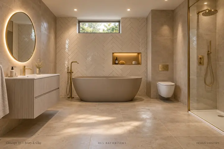 AI bathroom concept: Ivory herringbone tile, stone-coloured furniture and a clay-coloured bath, finished with warm brass.