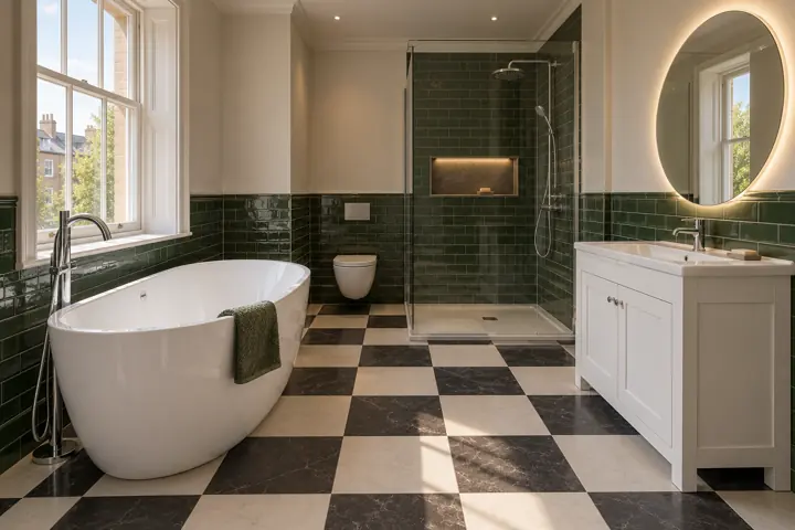 AI bathroom concept: Classic white furniture, bottle-green walls and a crisp checkerboard floor. A calm, characterful room with a separate bath and shower.