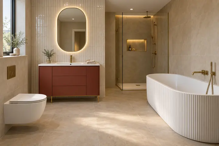 AI bathroom concept: Earth-red statement furniture on slim brass legs, paired with ivory tile and a fluted back-to-wall bath.