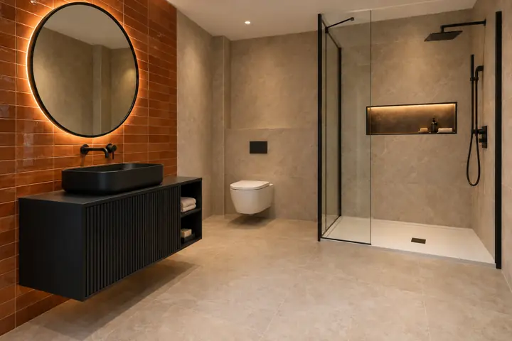 AI bathroom concept: Burnt-orange tile and black open-storage furniture create a bold shower room with a warm, inviting glow.