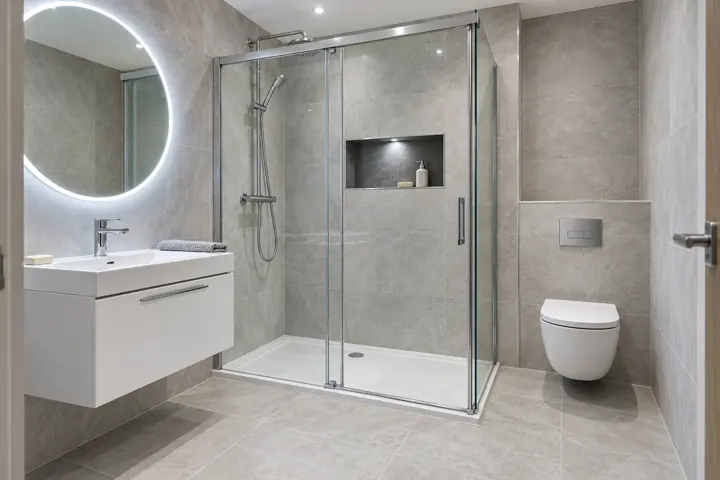 AI bathroom concept: A shallow white vanity and clear shower enclosure keep a compact en suite feeling open. Crisp cool-white lighting completes the look.