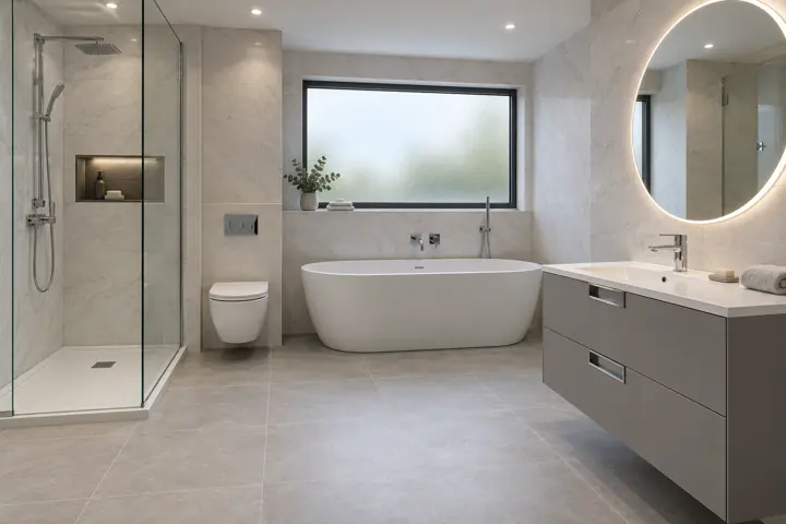 AI bathroom concept: Generous drawer storage, a smooth back-to-wall bath and quiet grey tones make an understated everyday bathroom.