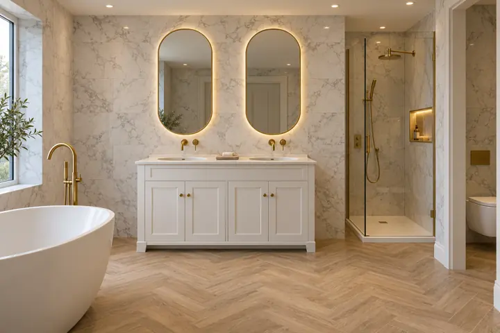AI bathroom concept: Two basins, two illuminated mirrors and classic white cabinetry, with marble walls and a parquet-effect porcelain floor.