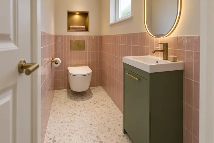 AI bathroom concept: Reed-green compact furniture against pink tile, with a softly lit niche. A characterful scheme for a downstairs cloakroom.