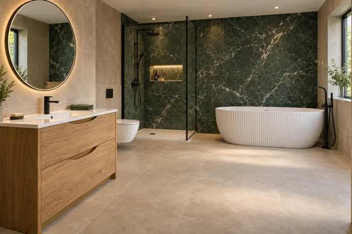 AI bathroom concept: Deep green marble-effect walls, oak drawer storage and black details. A fluted bath adds another layer of texture.