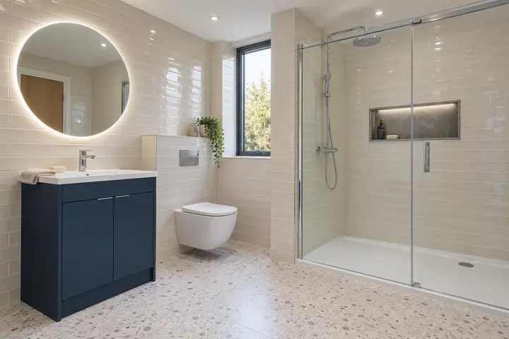 AI bathroom concept: Twilight-blue furniture, ivory brick tile and a pale terrazzo floor. A bright shower room with cooler lighting and polished chrome.