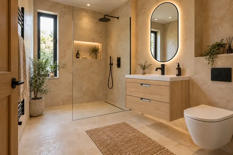 AI bathroom concept: Warm sandstone, oak and crisp black details for a calm modern shower room.