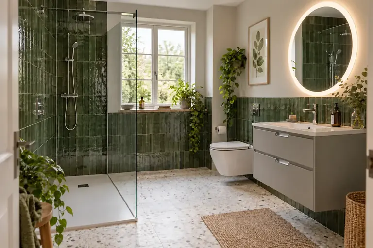 AI bathroom concept: Bottle-green gloss tiles balanced with bright chrome and a clean grey vanity.