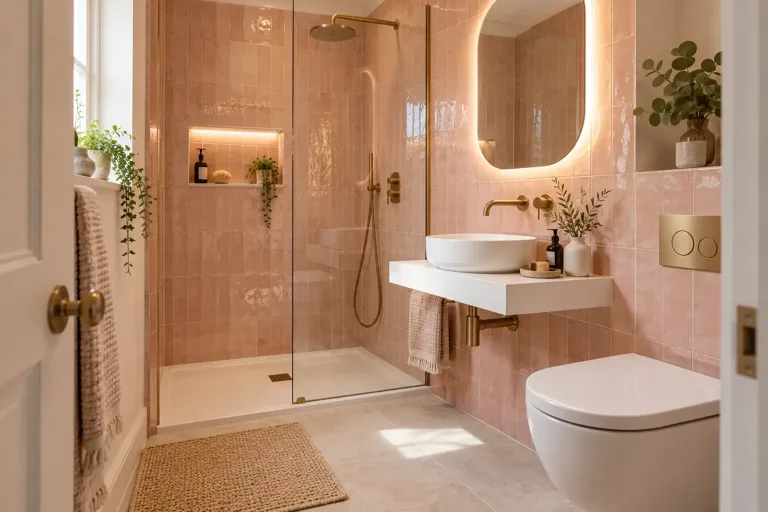 AI bathroom concept: A softer pink scheme with warm brass, a white shelf and a compact countertop basin.