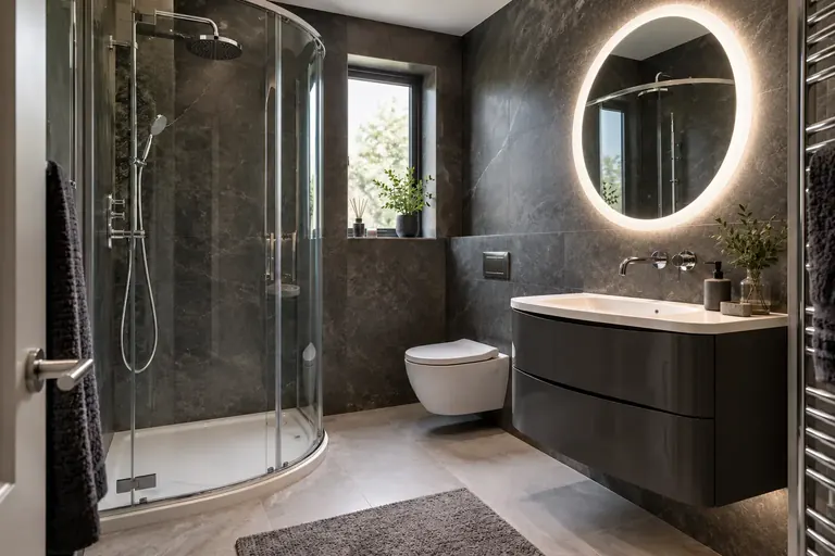 AI bathroom concept: Deep charcoal surfaces lifted by chrome and a curved dark vanity.