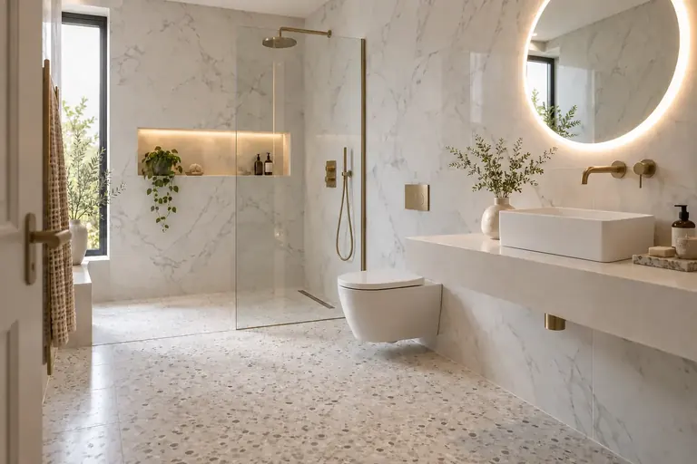 AI bathroom concept: A light marble-led bathroom with a long shelf, countertop basin and warm brass accents.