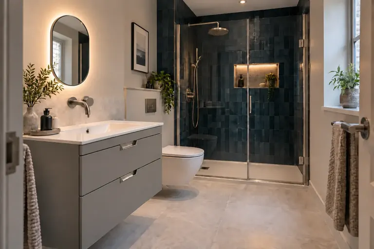 AI bathroom concept: Midnight blue feature tiling with coordinated gunmetal details and practical drawer storage.