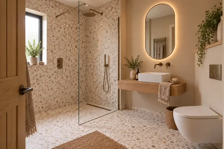 AI bathroom concept: Terrazzo, warm sand and bronze paired with an oak shelf and vessel basin.