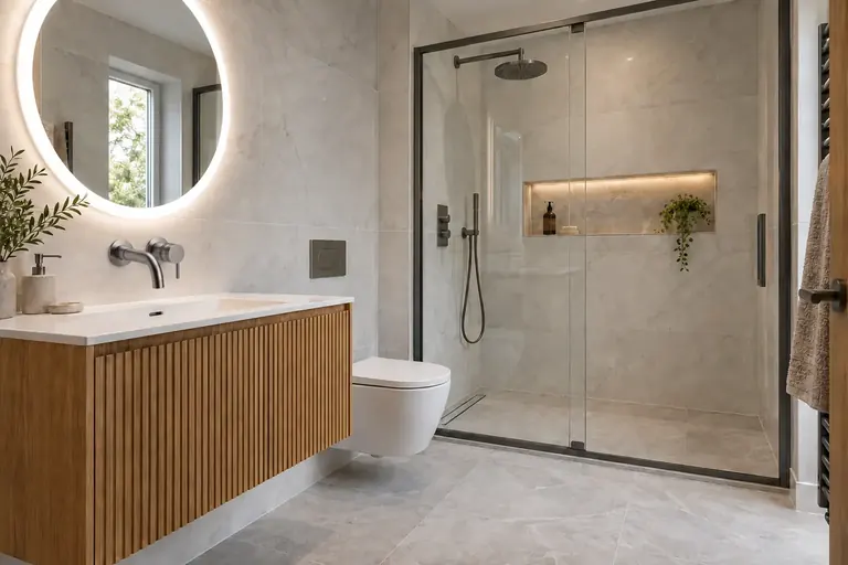 AI bathroom concept: Cloudy white surfaces, fluted oak furniture and restrained gunmetal details.