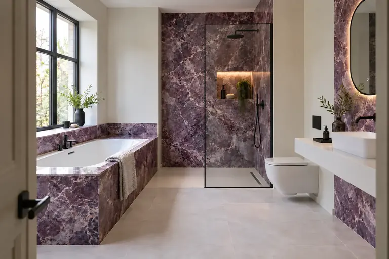 AI bathroom concept: Violetta-inspired marble colour with a long white shelf and graphic black fittings.