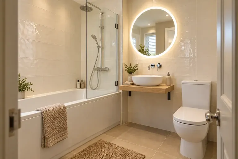 AI bathroom concept: Gloss ivory walls, a warm sand floor and chrome for an easy, timeless bathroom.