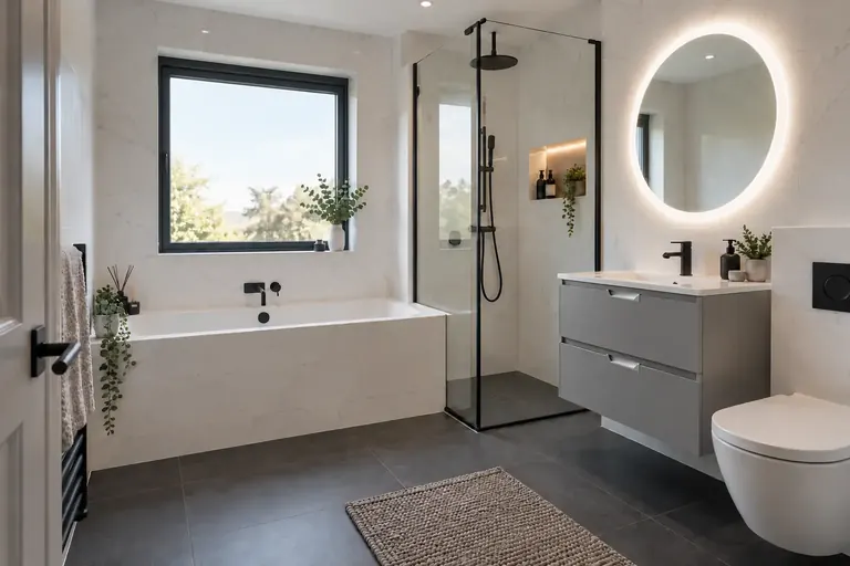 AI bathroom concept: A high-contrast white and black scheme softened by practical grey storage.