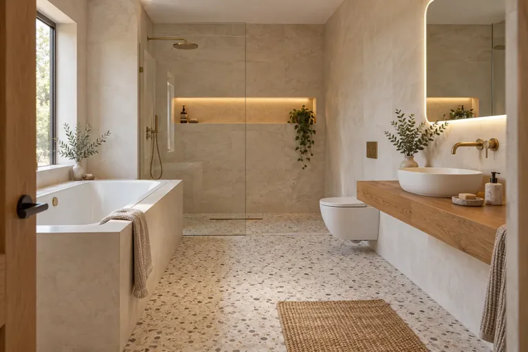 AI bathroom concept: A generous oak shelf, slim countertop basin and warm brass in a floating layout.